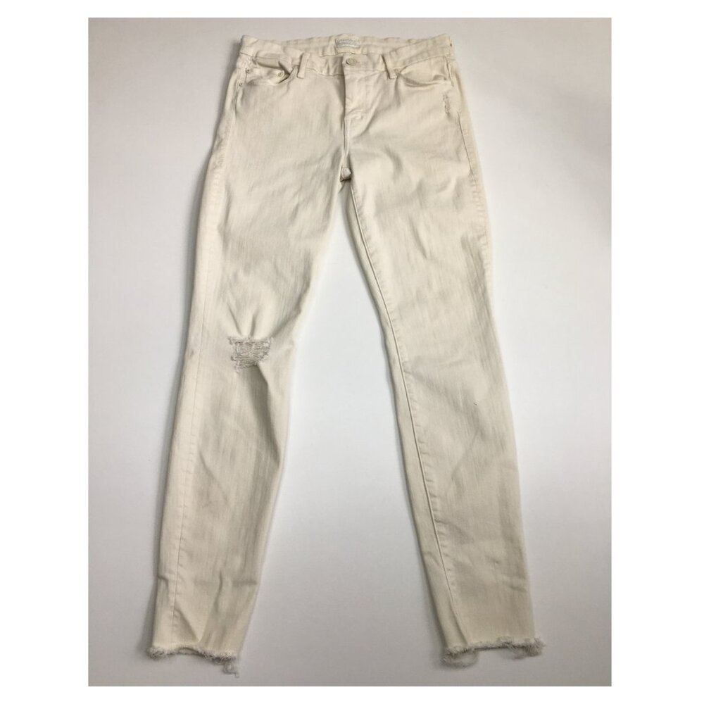 MOTHER Warm Ivory Wash THE LOOKER Ankle Fray Hem 5 Pocket Logo Hardware Jeans